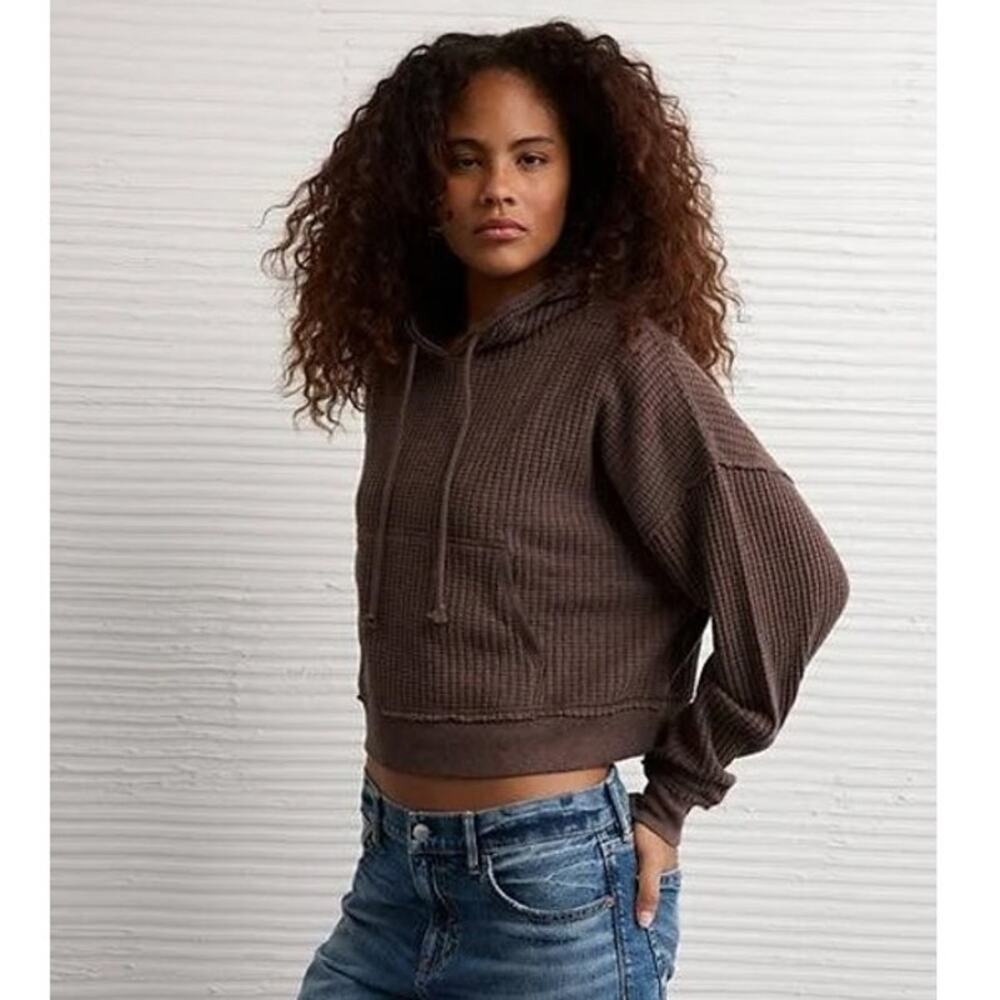 American Eagle Brown Waffle Knit Crewneck Hoodie AE Size Medium NEW Cozy